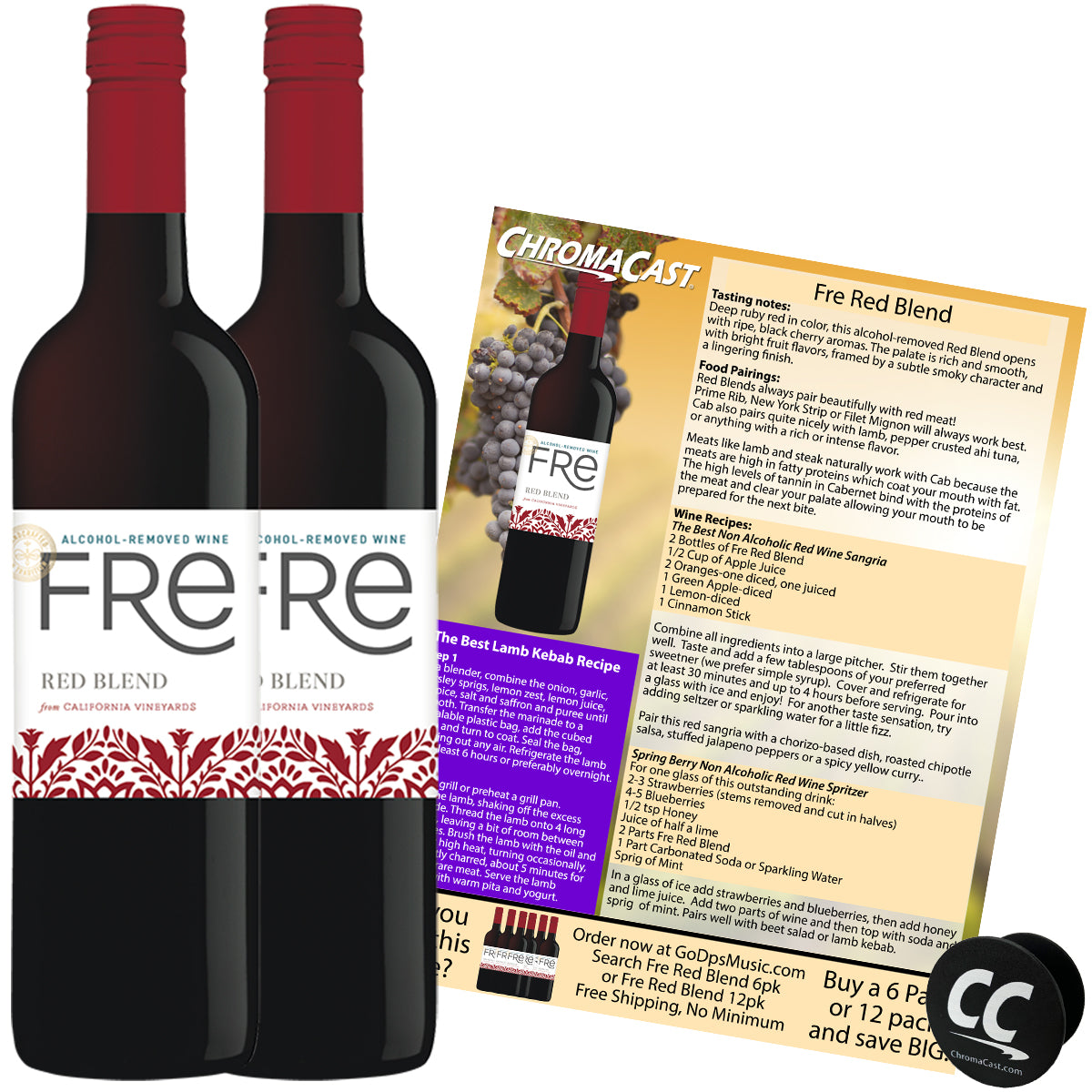 Sutter Home Fre Red Blend Non-Alcoholic Red Wine Experience Bundle with ChromaCast Pop Socket, Seasonal Wine Pairings & Recipes, 750ML KIT