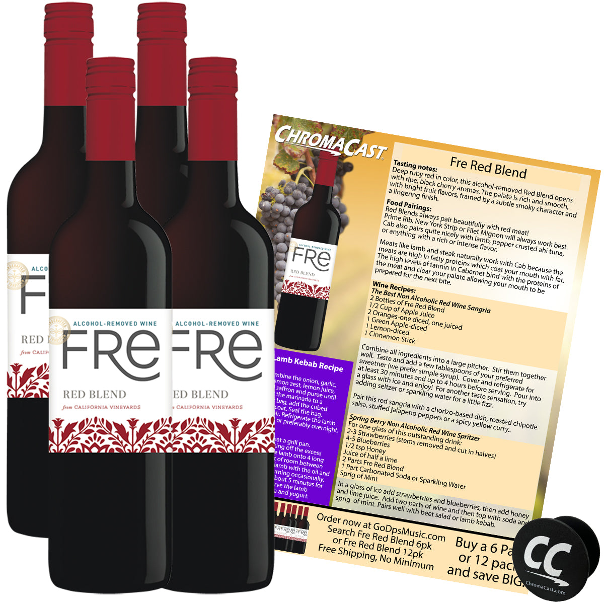 Sutter Home Fre Red Blend Non-Alcoholic Red Wine Experience Bundle with ChromaCast Pop Socket, Seasonal Wine Pairings & Recipes, 750ML KIT