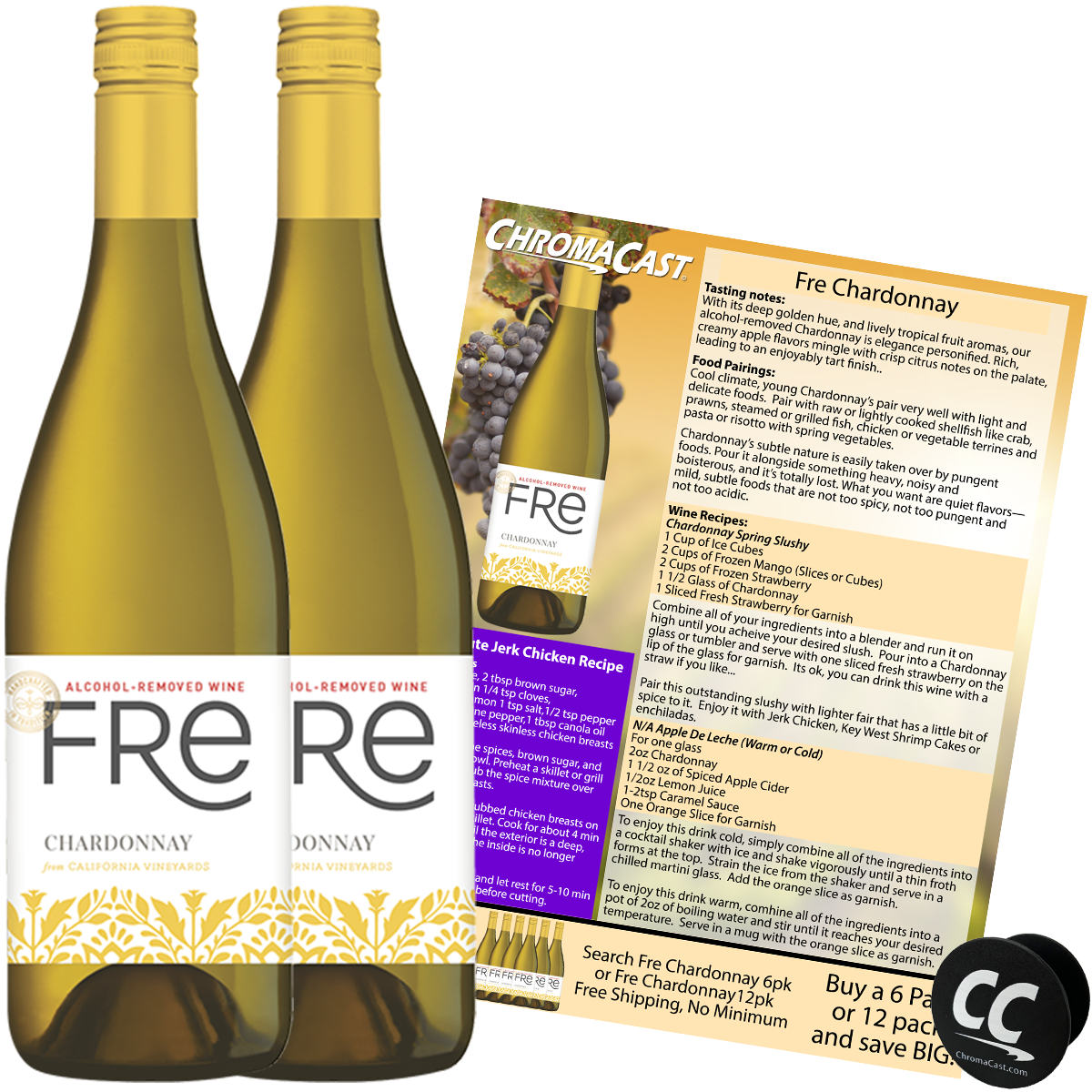 Sutter Home Fre Chardonnay Non-Alcoholic White Wine, Experience Bundle with Chromacast Pop Socket, Seasonal Wine Pairings & Recipes, 750ML Kit - GoDpsMusic