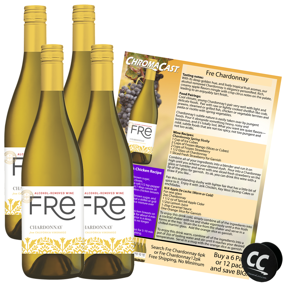 Sutter Home Fre Chardonnay Non-Alcoholic White Wine, Experience Bundle with Chromacast Pop Socket, Seasonal Wine Pairings & Recipes, 750ML Kit - GoDpsMusic