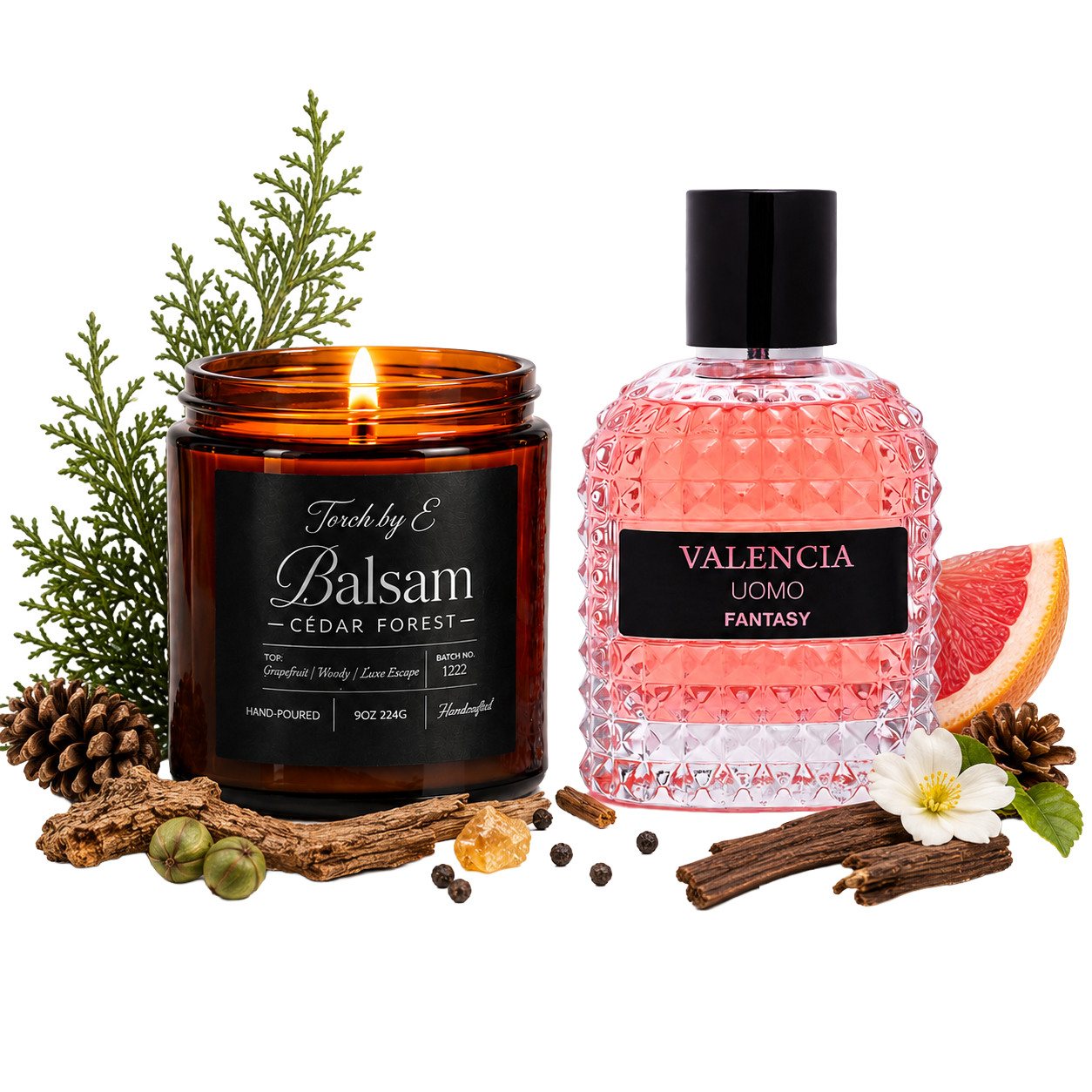 Balsam Cedar Forest Candle & Perfume Gift Set for Women – Balsam Cedar Forest (9oz) + Valencia Uomo Fantasy Perfume