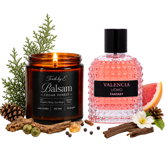 Balsam Cedar Forest Candle & Perfume Gift Set for Women – Balsam Cedar Forest (9oz) + Valencia Uomo Fantasy Perfume