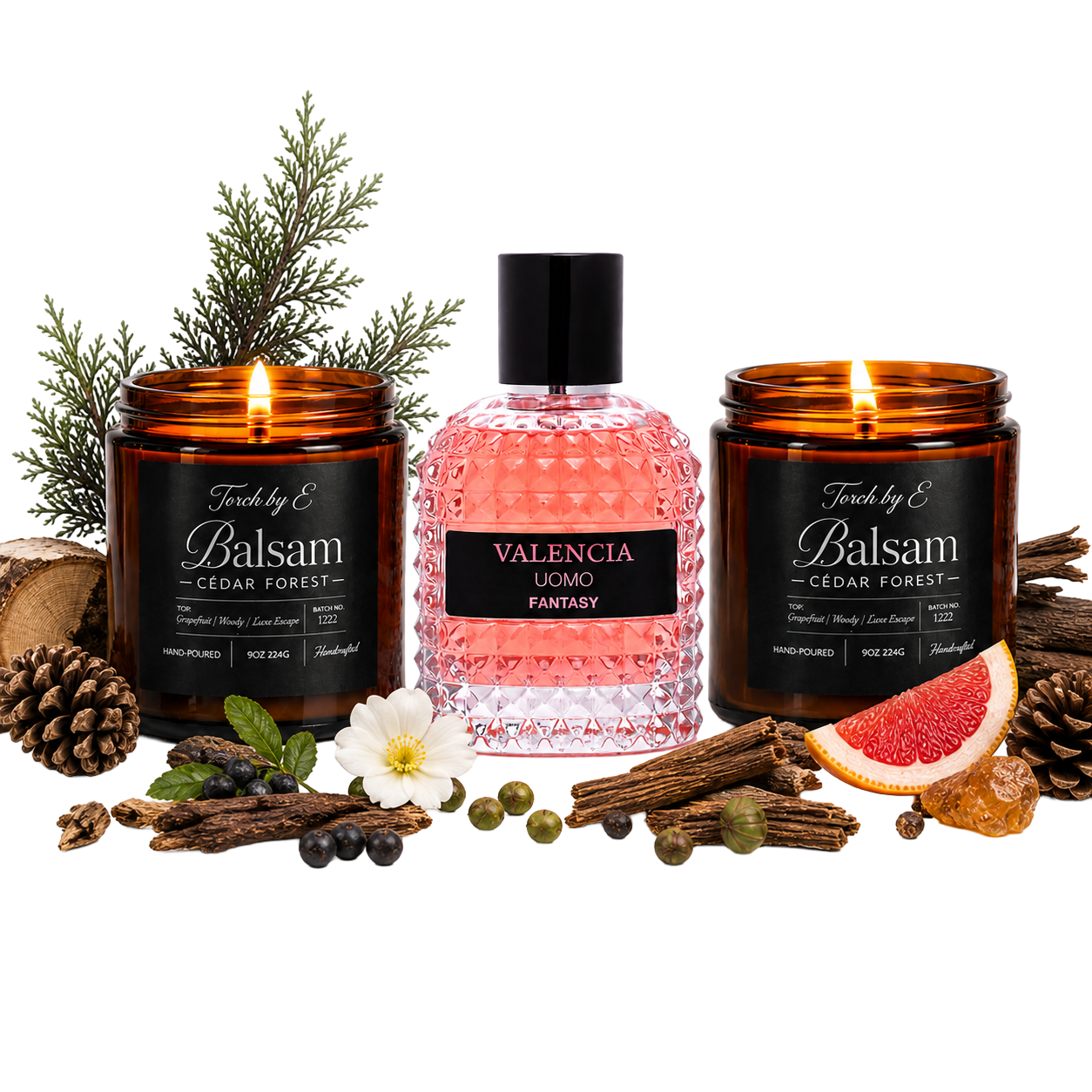 Balsam Cedar Forest Candle & Perfume Gift Set for Women – Balsam Cedar Forest (9oz) + Valencia Uomo Fantasy Perfume