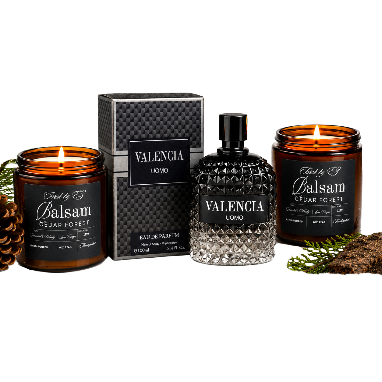Balsam Cedar Forest Candle & Cologne Gift Set for Men – Balsam Cedar Forest (9oz) + Valencia Uomo Cologne