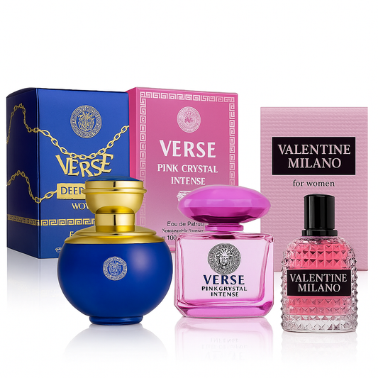 Women’s Perfume Gift Set – Verse Pink Crystal Intense, Verse Deep Blue & Valentine Milano Eau de Parfum – 3.4 fl oz Each