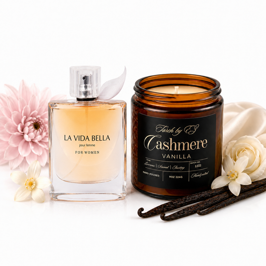 Vanilla Candle & Perfume Gift Set for Women – Cashmere Vanilla Candle (9oz) + Valentine Milano Perfume – Luxury Self Care, Birthday, Mother’s Day Gift Set for Her
