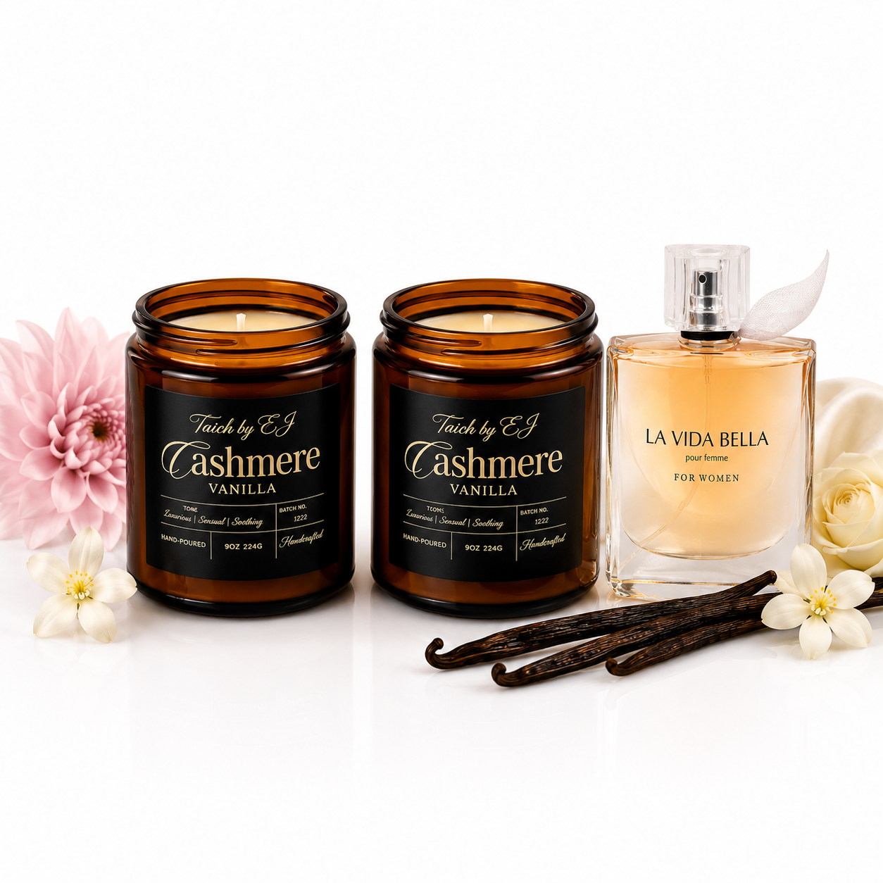Vanilla Candle & Perfume Gift Set for Women – Cashmere Vanilla Candle (9oz) + Valentine Milano Perfume – Luxury Self Care, Birthday, Mother’s Day Gift Set for Her