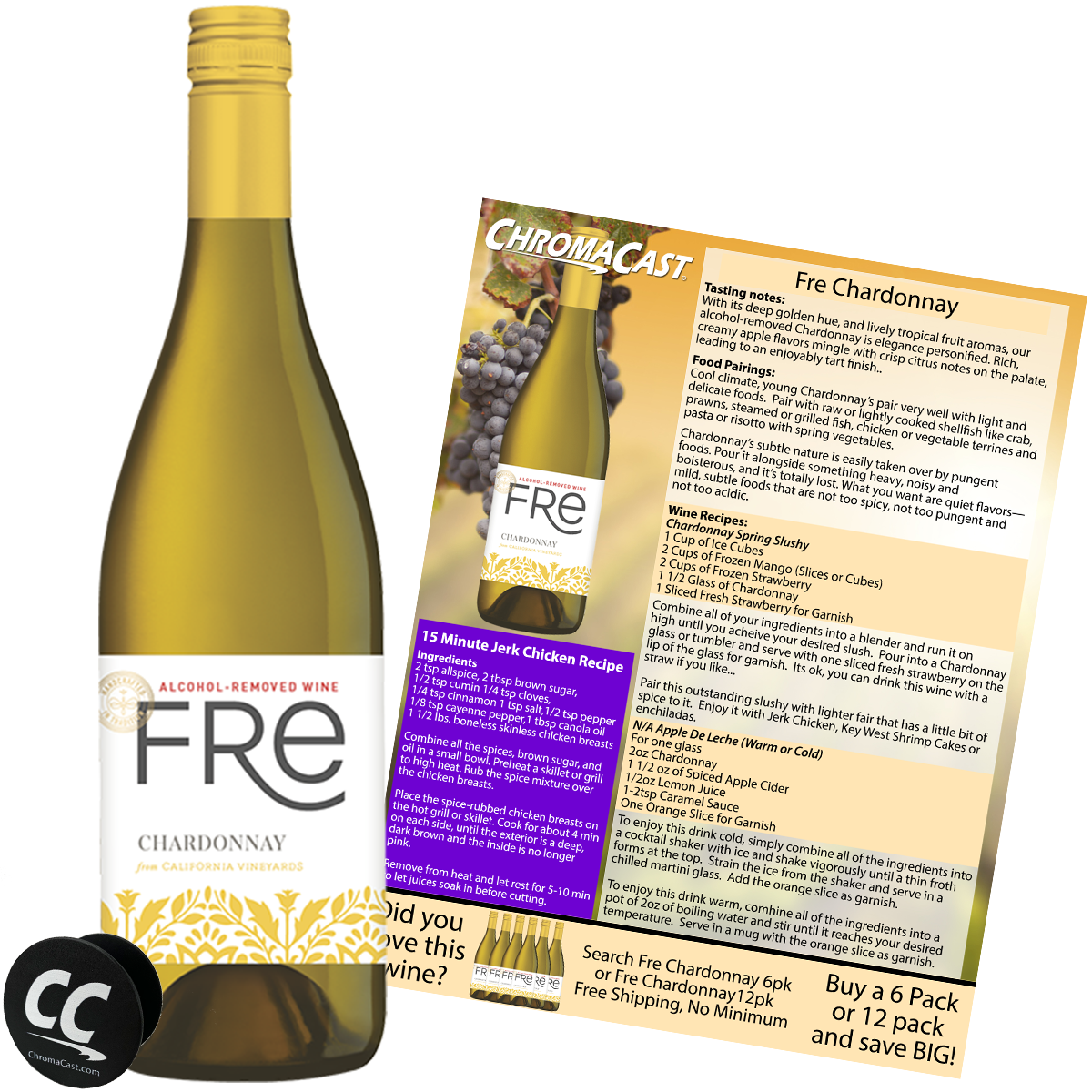 Sutter Home Fre Chardonnay Non-Alcoholic White Wine, Experience Bundle with Chromacast Pop Socket, Seasonal Wine Pairings & Recipes, 750ML Kit - GoDpsMusic